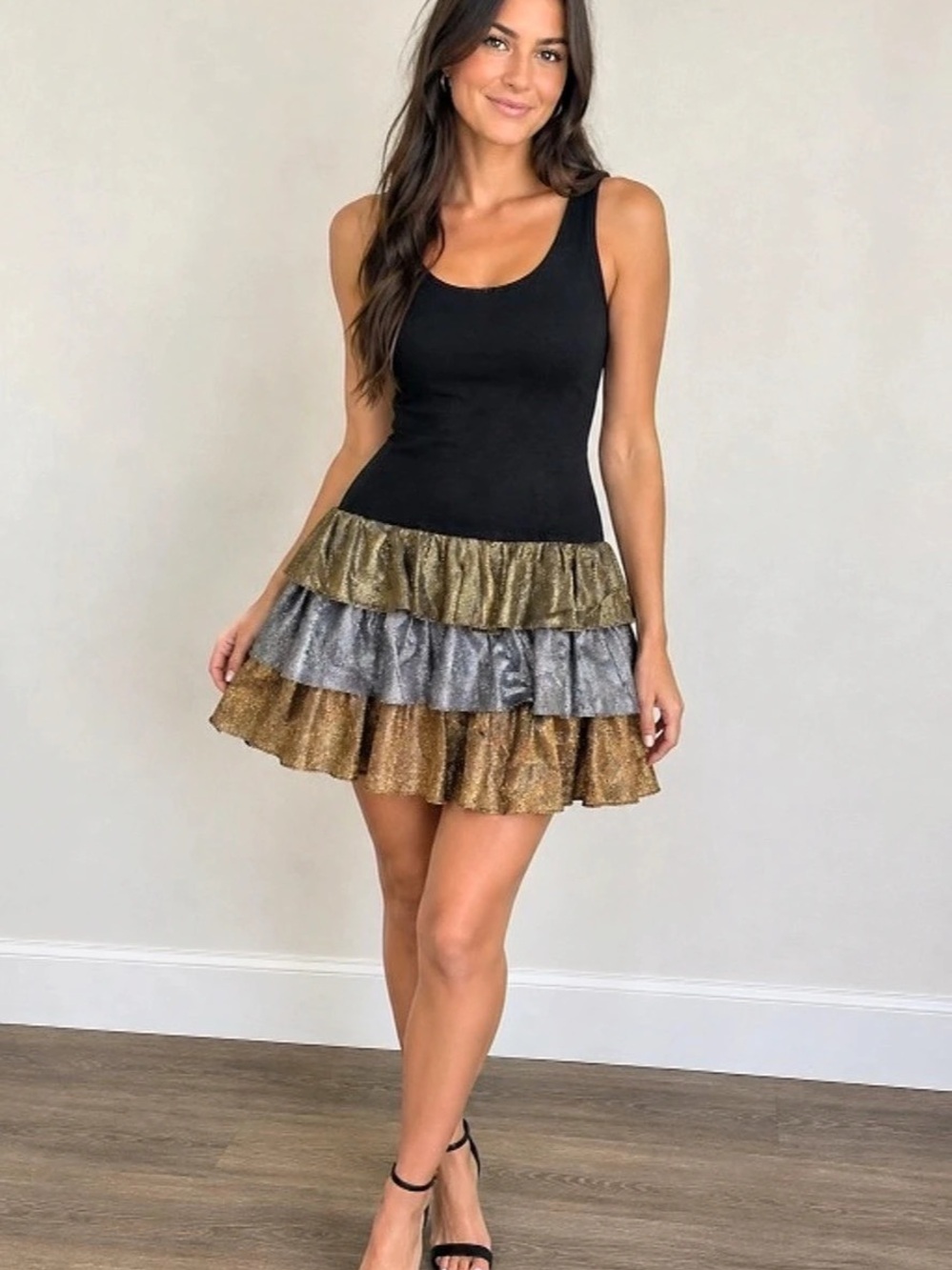 Vintage PG Collections Ginger Bort Dress Sz 12 Black Metallic Tiered Ruffle USA
